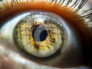 Close-up image of hazel colored pupil. macro eye veins and eyelashes