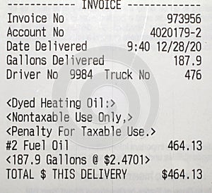 Close up image of heating oil invoice