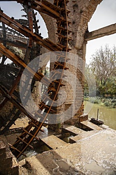 Close up image of historic water wheels in Hama