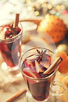 Close up image hot wine drink with spices
