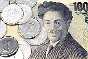 A close up image image of Japanese one yen coins on a 1000 yen note