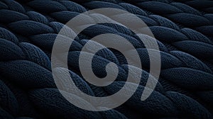 A close-up image of a knitted fabric with a dark blue color and intricate pattern.