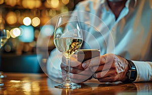 A close-up image of male hands holding a smartphone in front a glass of wine on a dining table inside a bar or restaurant