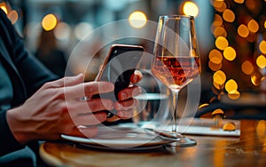 A close-up image of male hands holding a smartphone in front a glass of wine on a dining table inside a bar or restaurant