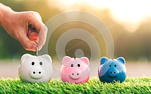 Close-up image of man hand putting coins in white piggy bank for account save money. Planning step up, saving money for future