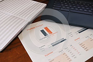 Close up image of a Monthly Budget, Computer, and Check Register