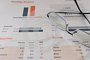 Close up image of a Monthly Budget and Glasses