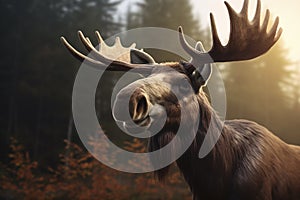 Close-up image of a moose in a forest. Blurred background and cinematic light.