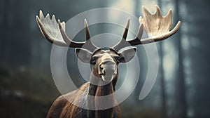 Close-up image of a moose in a forest. Blurred background and cinematic light.