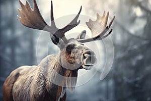 Close-up image of a moose in a forest. Blurred background and cinematic light.