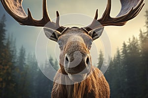 Close-up image of a moose in a forest. Blurred background and cinematic light.