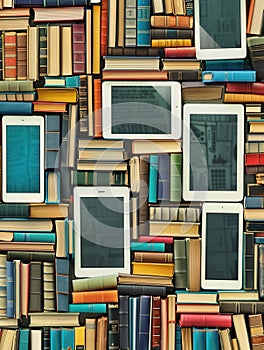 Close-up image of multiple tablets and e-readers displaying educational content, positioned against a background of photo