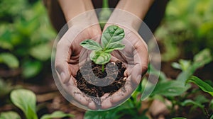 Nurturing Young Plant in Hands with Soil photo