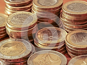 Close-up image of one and two Euro coins