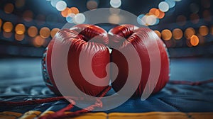 Close-up image of a pair of red boxing gloves, blurred boxing ring background. Summer Olympic Games