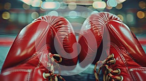 Close-up image of a pair of red boxing gloves, blurred boxing ring background. Summer Olympic Games