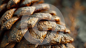 close up image of pine cone on tree with golden tining