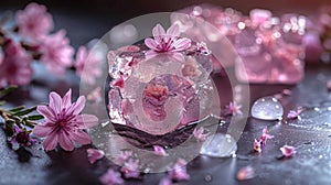 Pink Flower Encased in Clear Ice Cube on Black Surface