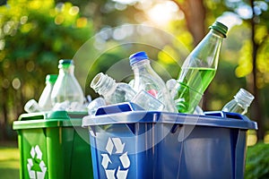 Close up plastic and glass bottle in the bins for separating recycle materials