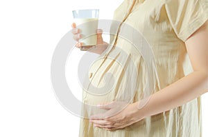 Close-up Image of pregnant woman Holding a glass of fresh milk a