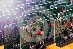 Close-up Image of Produced Automotive Printed Circuit Boards with Soldered SMD or Surface Mounted Components with Added Lens