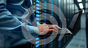 Close-up of a professional using a laptop in a data center server room