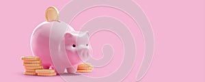 Close-up image putting coins in pink piggy bank for account save money. Planning step up, saving money for future plan