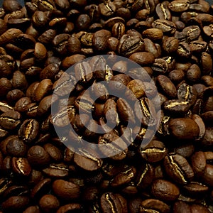Close up image of roasted brown coffee beans