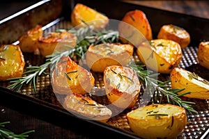 close-up image of roasted potatoes with crispy crust and rosemary leaves