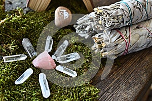 Rose Quartz Crystals and White Sage Smudge Sticks photo