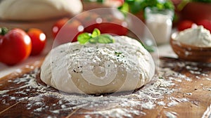 Fresh pizza dough ball sprinkled with flour and ready for baking isolated on a white background photo