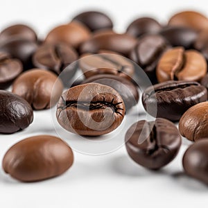 A close-up image of scattered coffee beans on a white surface