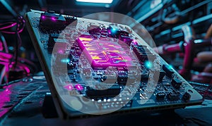 Advanced microchip technology with glowing circuitry and data processing