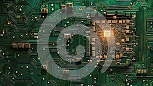 Close-up View of a Glowing Microchip on a Circuit Board