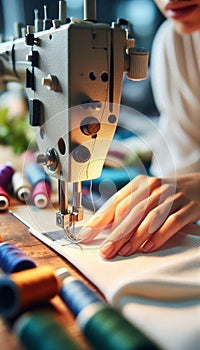 Close-Up of Hands Operating a Sewing Machine with Focused Detail