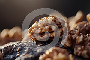 Walnuts resting on a dark textured surface