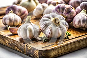 Close up view of the garlic on board photo
