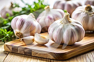Close up view of the garlic on board photo