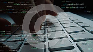 Close-Up of Hands Typing on Keyboard with Overlay of Computer Code and Programming Syntax in a Technology-Focused