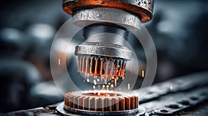 A close-up image showcasing the welding of metal gears in an industrial setting.