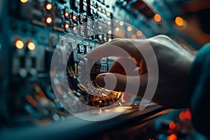 Navigating Technology: Hand Adjusting Complex Control Panel with Wires