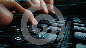Close-Up of Hands Typing on a Keyboard with Code Overlay, Highlighting the Connection Between Programming and Technology