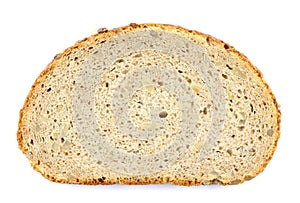 Close up image of slice of bread on against white background.