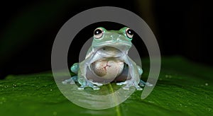 Green frog on a leaf close up