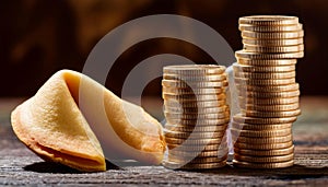 Stack of coins and a fortune cookie, symbolizing wealth, luck, and prosperity
