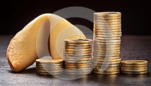Stack of coins and a fortune cookie, symbolizing wealth, luck, and prosperity