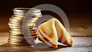 Stack of coins and a fortune cookie, symbolizing wealth, luck, and prosperity
