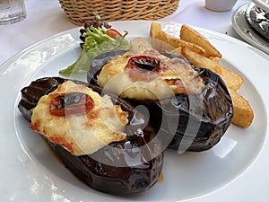 Close up image of Stuffed Egglplant, delicious Greece dinner 
