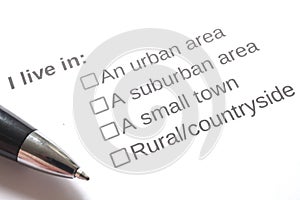 Close up image of a survey question regarding housing location.