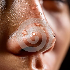 A close-up image of a sweaty nose, highlighting the physiological response of the body to heat or exertion photo